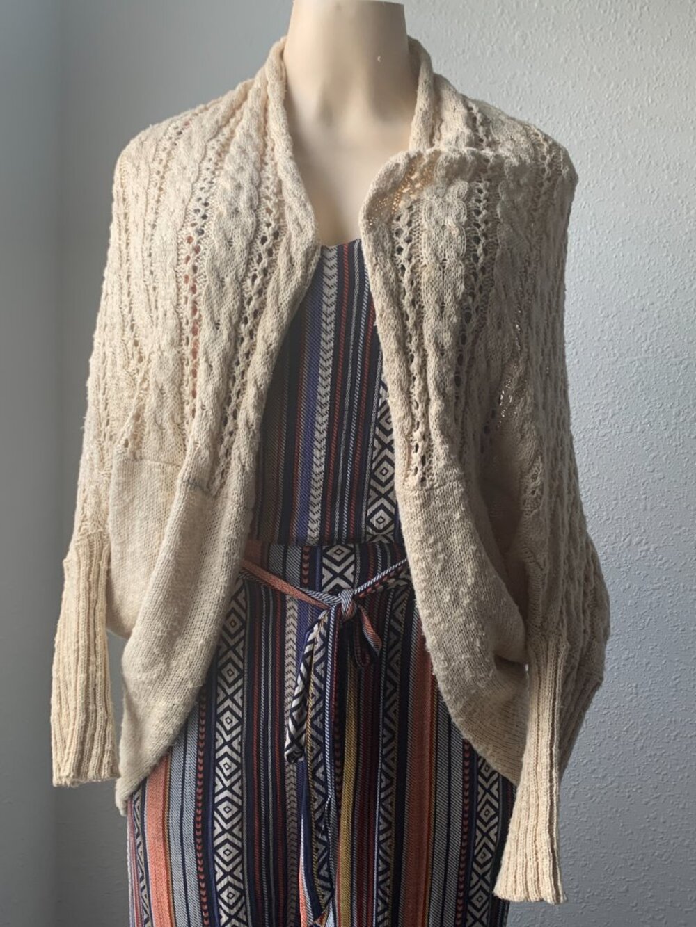 Womens Cream Open Front Knit Cardigan Shrug Sweater Crochet Boho S